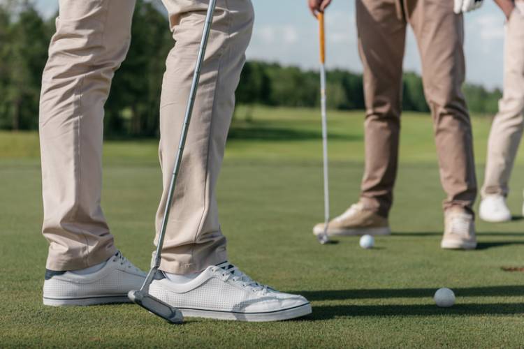 Golfers stand on a green